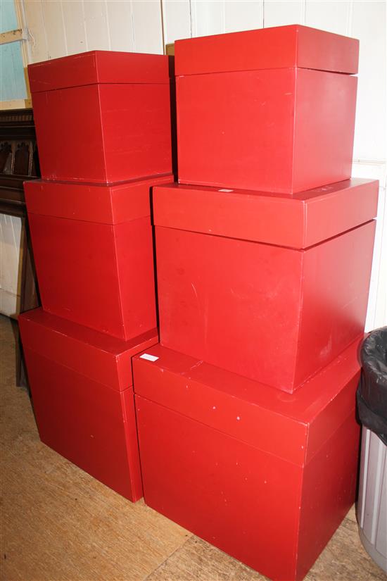 2 sets of 3 red stacking lacquered pine boxes